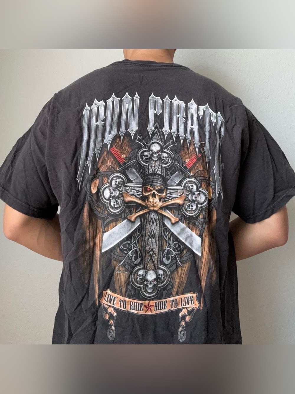 Vintage 2000s Iron Pirate Motorcycle Graphics Black Tee Shirt